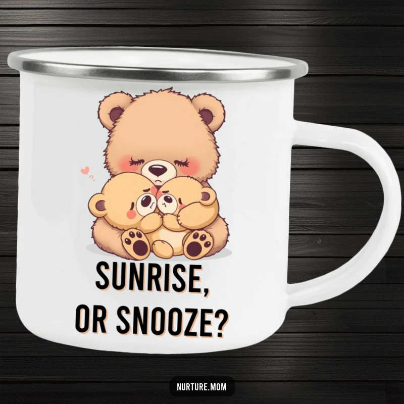 Funny fuzzy bear mother rocking a crying baby bear, durable camping mug, perfect for outdoor-loving moms.