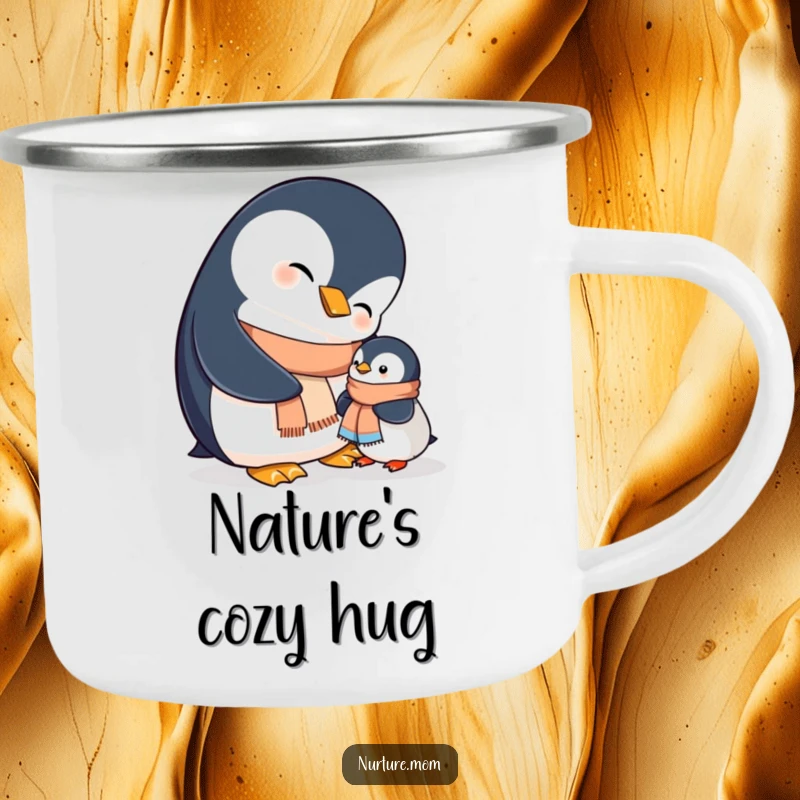 Funny mama penguin helps her chick with a scarf, perfect for outdoor adventures on this durable camping mug.