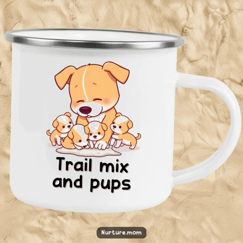 Funny Camping Mug showing a mom dog humorously cleaning up after her playful puppies in an outdoor setting.