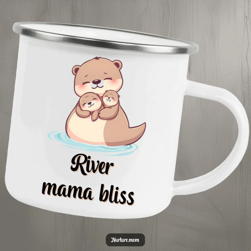 Funny otter mom camping mug showing a mother and baby otter floating, perfect for outdoor use.