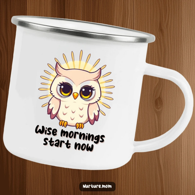 Funny camping mug featuring a radiating owl mom with a bright, wise gaze, perfect for outdoor sipping with a humorous touch.