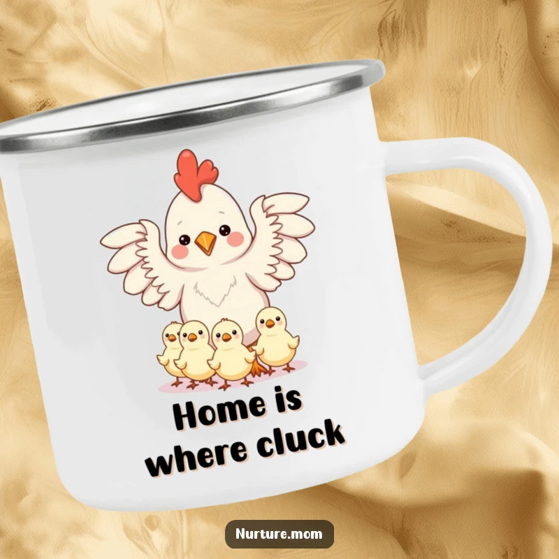 Funny enamel camping mug with a kawaii chicken mom protecting chicks under her outstretched wings, ideal for outdoor moms.