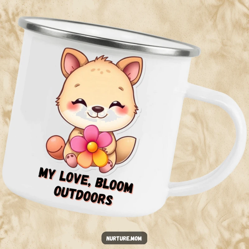 Funny animal camping mug featuring a loving creature offering a bright flower, durable and humorous for outdoor enjoyment.