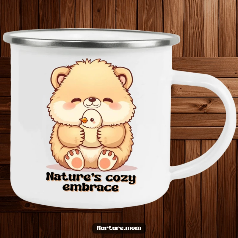 Funny camping mug shows a fluffy animal carefully cradling a baby bird in its paws, perfect for outdoor enthusiasts who love cute and humorous designs.