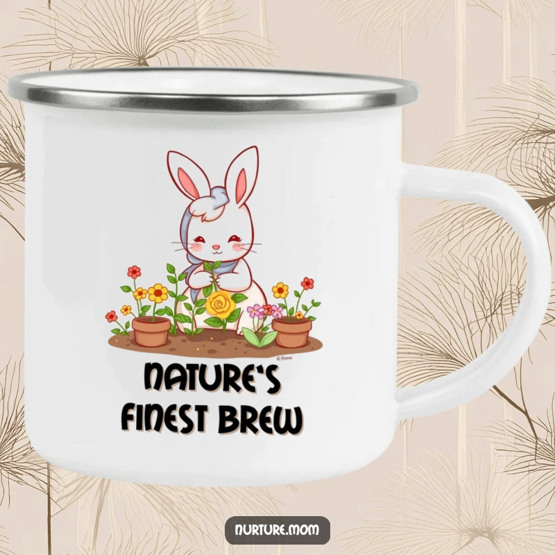 Funny Kawaii Rabbit Mom Camping Mug: A cute bunny mom gardening in a forest setting, durable and humorous outdoor mug.