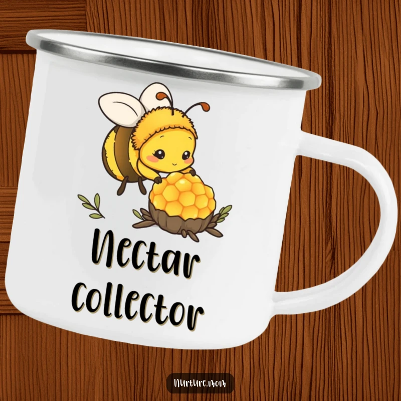 Funny kawaii mother bee tending to honeycomb on a sturdy enamel camping mug.