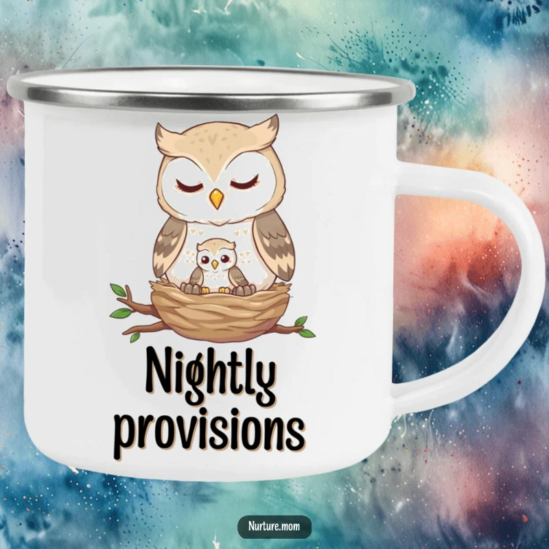 Funny owl nest camping mug with a gentle owl feeding a tiny fledgling, perfect for enjoying drinks outdoors.