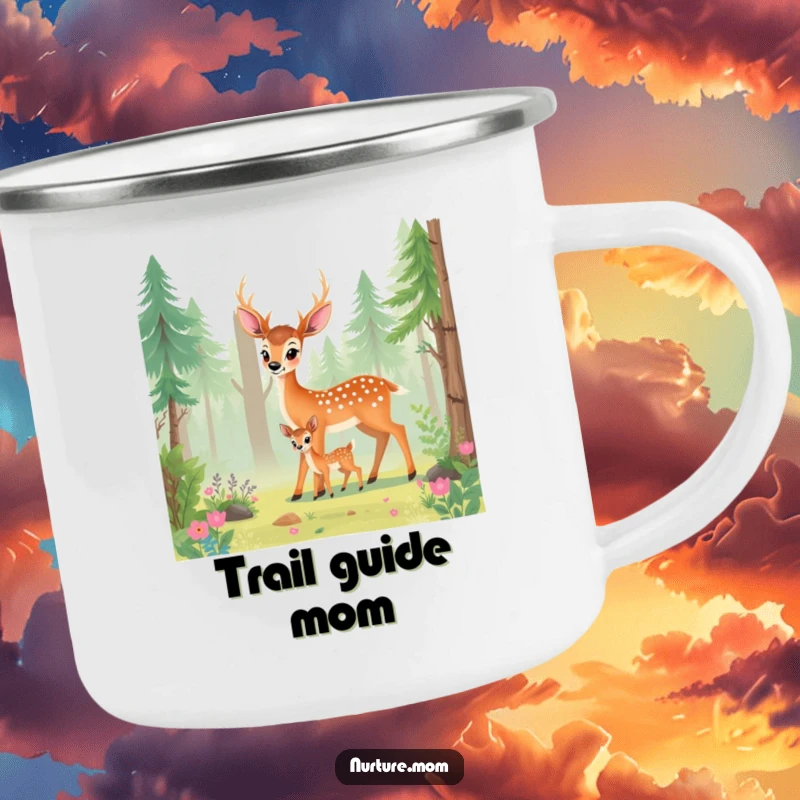 Funny deer mom camping mug with a mother deer and fawn in a forest, perfect for outdoor use.