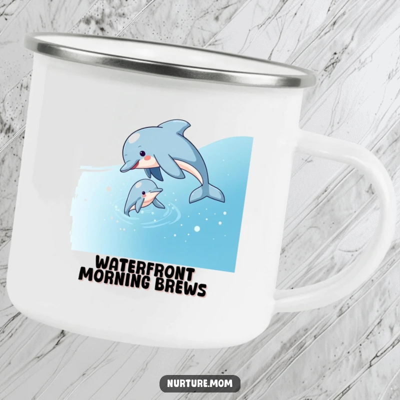Funny enamel camping mug with a playful dolphin mom guiding her calf through sparkling water, symbolizing warmth and outdoor aquatic fun.
