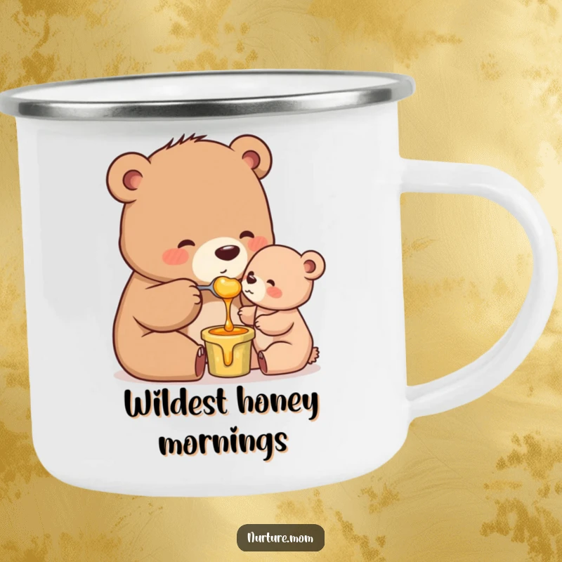 Funny Mama Bear Camp Mug: Sturdy mug with a mother bear feeding honey to her cub, perfect for camping trips.