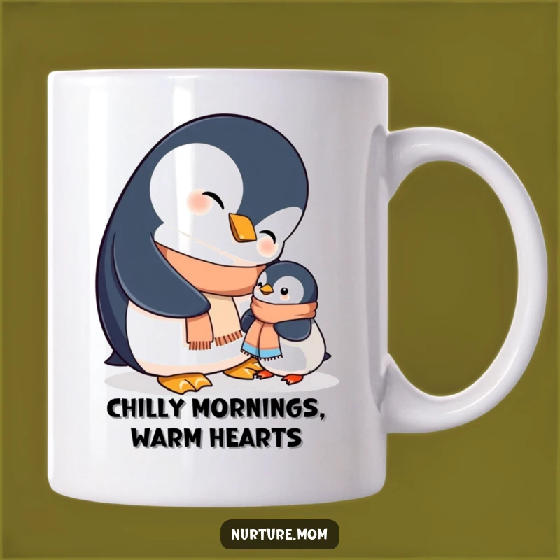 Funny Mama Penguin Helping Chick Scarf Mug - Adorable Animal Gift