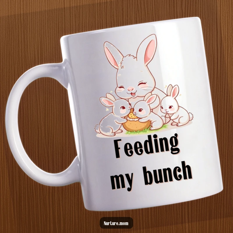 Funny nurturing mother rabbit feeding her hungry little bunnies, sweet animal parenting, cute mug gift.