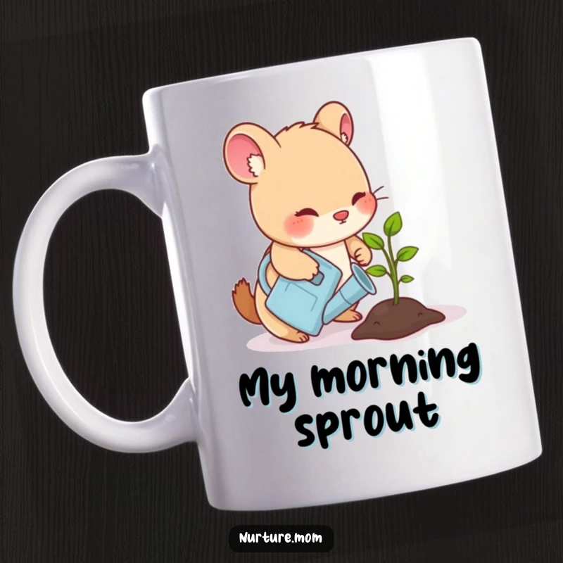 Funny mug with a small animal gently watering a sprouting seedling with a watering can, evoking care and humor.