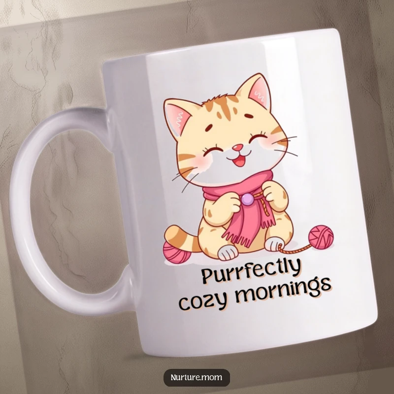 Funny cat knitting mug showing a smiling kitty happily crocheting a tiny scarf with colorful yarn, representing cozy hobbies.