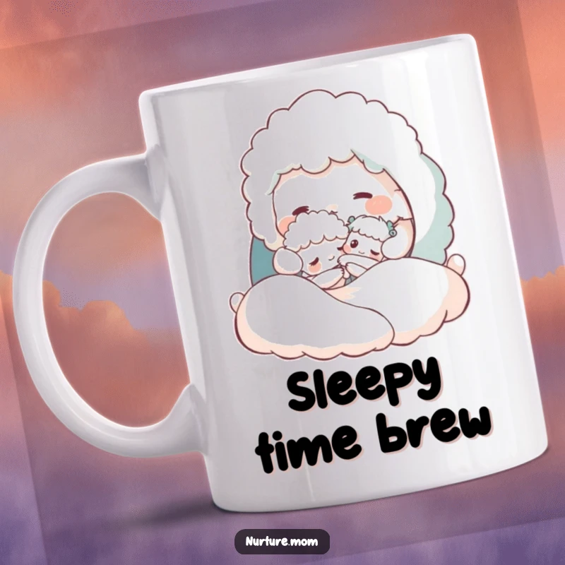 Funny mug with a fluffy creature gently tucking a tiny one into a cozy bed, depicting nurturing and bedtime comfort.