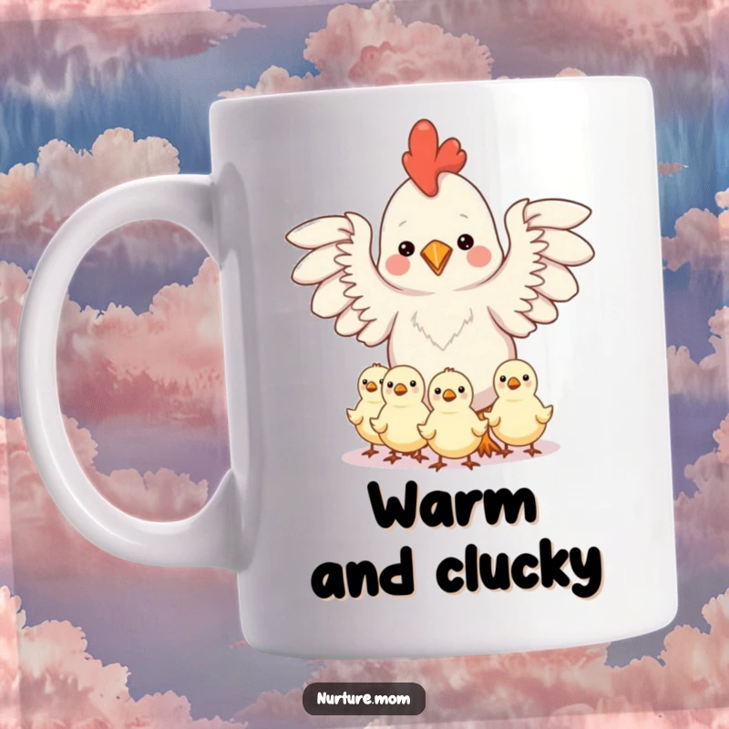 Funny kawaii chicken mom protecting chicks under her outstretched wings, depicted on a mug, symbolizing maternal care.