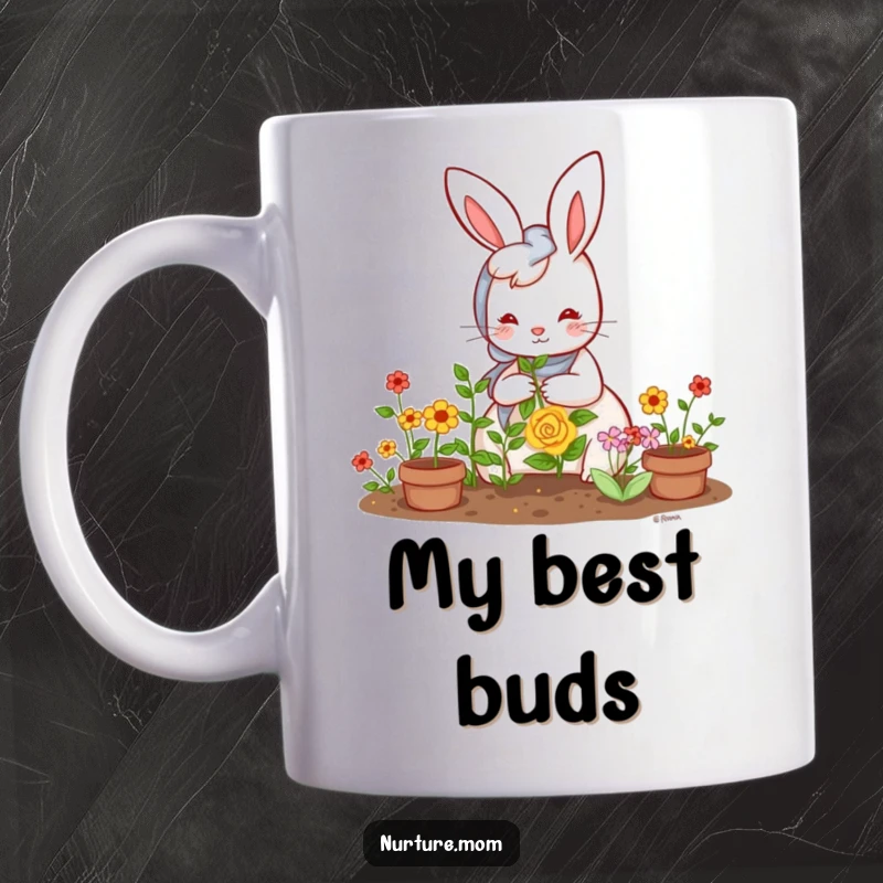 Funny Kawaii Rabbit Mom Mug: Cute bunny tending a vibrant garden, smiling warmly, perfect gift for gardeners.