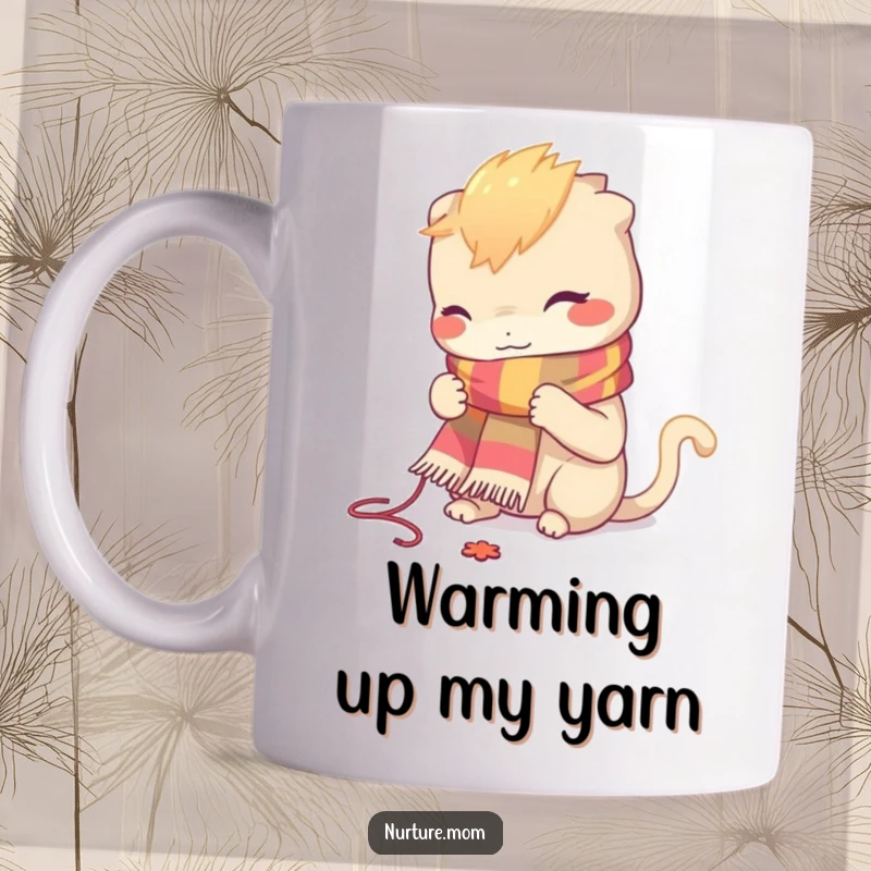Funny mug with a creature intensely knitting a small, colorful scarf, showcasing dedication to crafting.