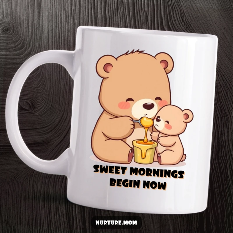 Funny Mama Bear Mug: Adorable mother bear spoon-feeding honey to her cub, showcasing gentle parenting humor and love.