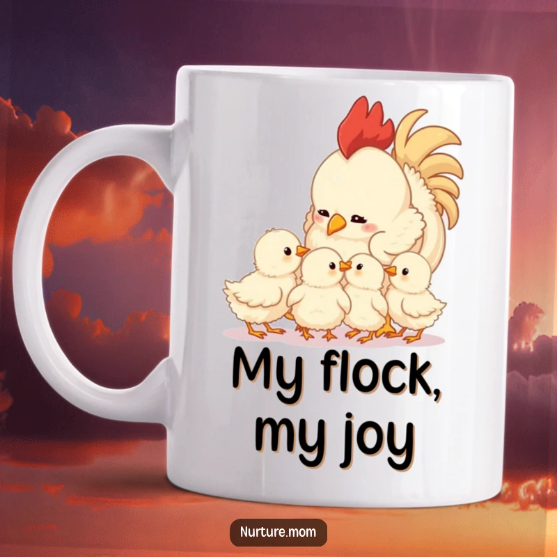 Funny mother hen mug showing a proud hen looking at her fluffy chicks, a heartwarming and humorous design for all.