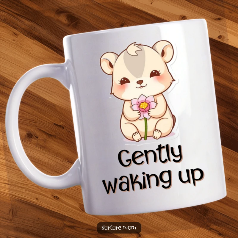 Funny mug showcasing a small animal with a nurturing gesture, tenderly cradling a delicate flower bud, symbolizing hope.