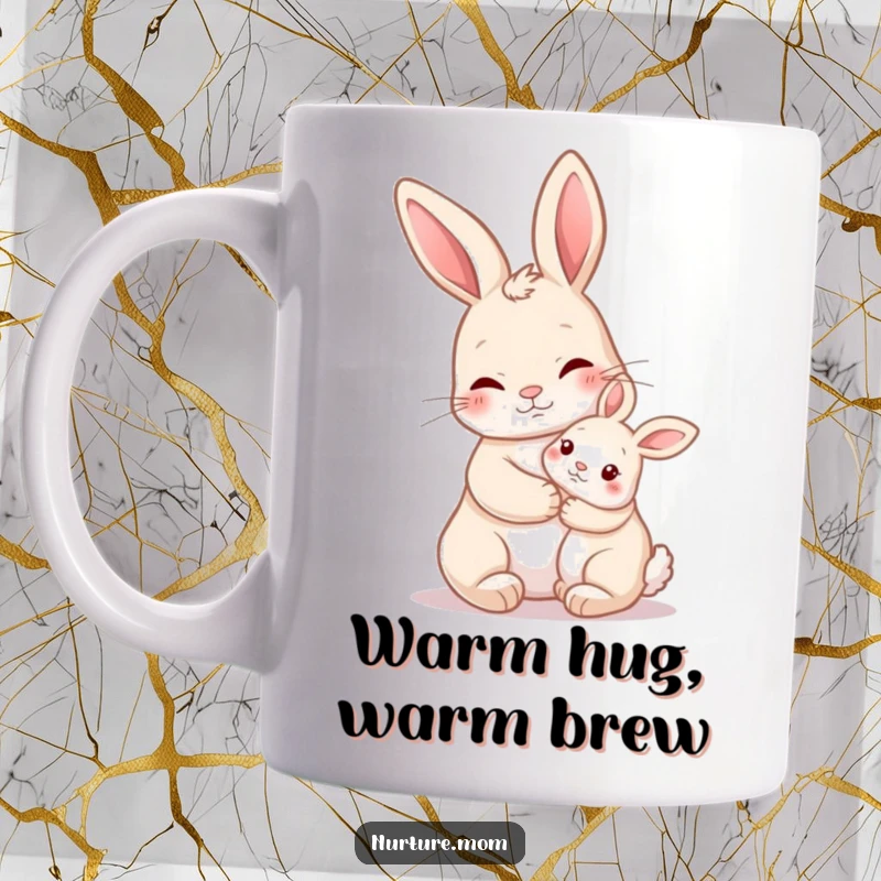 Funny Nurturing Rabbit Mug showing a mother rabbit holding a baby bunny close, symbolizing love and humorous tenderness.
