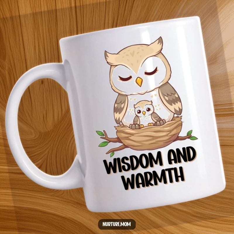 Funny owl nest mug showing a gentle parent owl feeding a tiny fledgling in their cozy nest, symbolizing love and care.