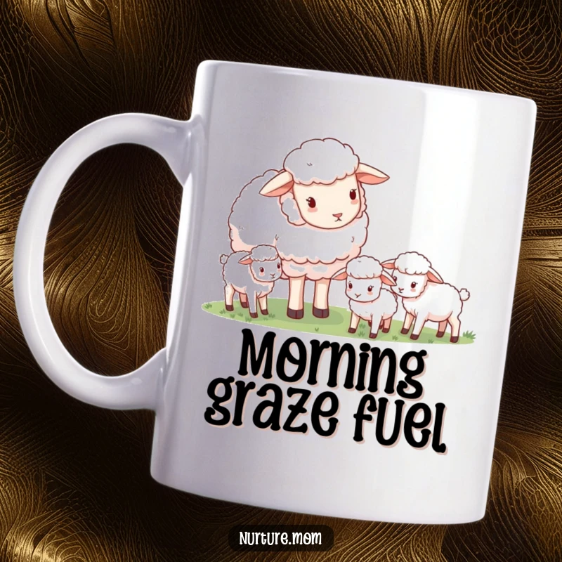 Funny gentle mother sheep watching over her grazing lambs, peaceful farm scene, heartwarming mug gift.