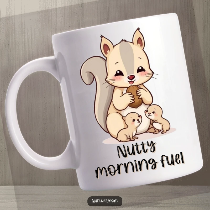 Funny squirrel mom mug showing a nurturing mother squirrel sharing nuts with her little ones.
