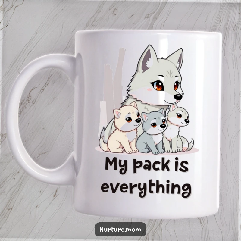Funny wolf mom mug showing a protective mother wolf intently watching over her playful pups.
