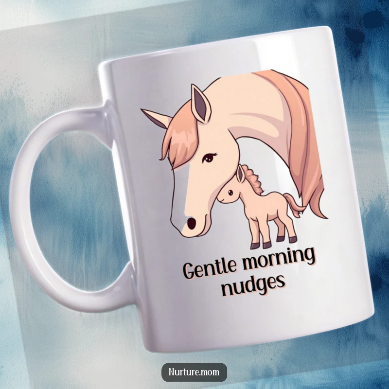 Mother horse softly nuzzling her young foal with her nose, showing affection and care.