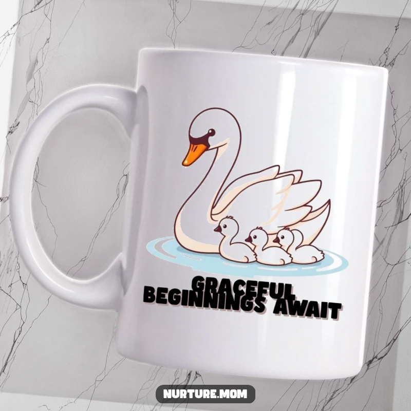 Funny Swan Mug: Elegant mother swan gliding gracefully, guiding her cygnets, symbolizing gentle leadership.