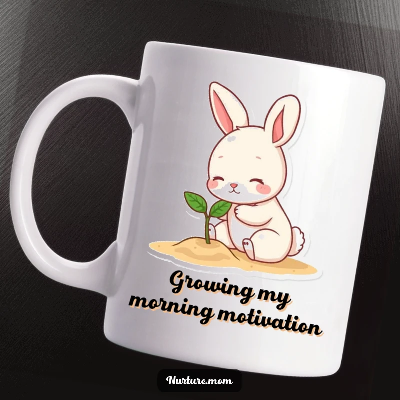 Funny mug with a cute bunny character gently patting a small green sprout, symbolizing growth and gentle care with a humorous touch.
