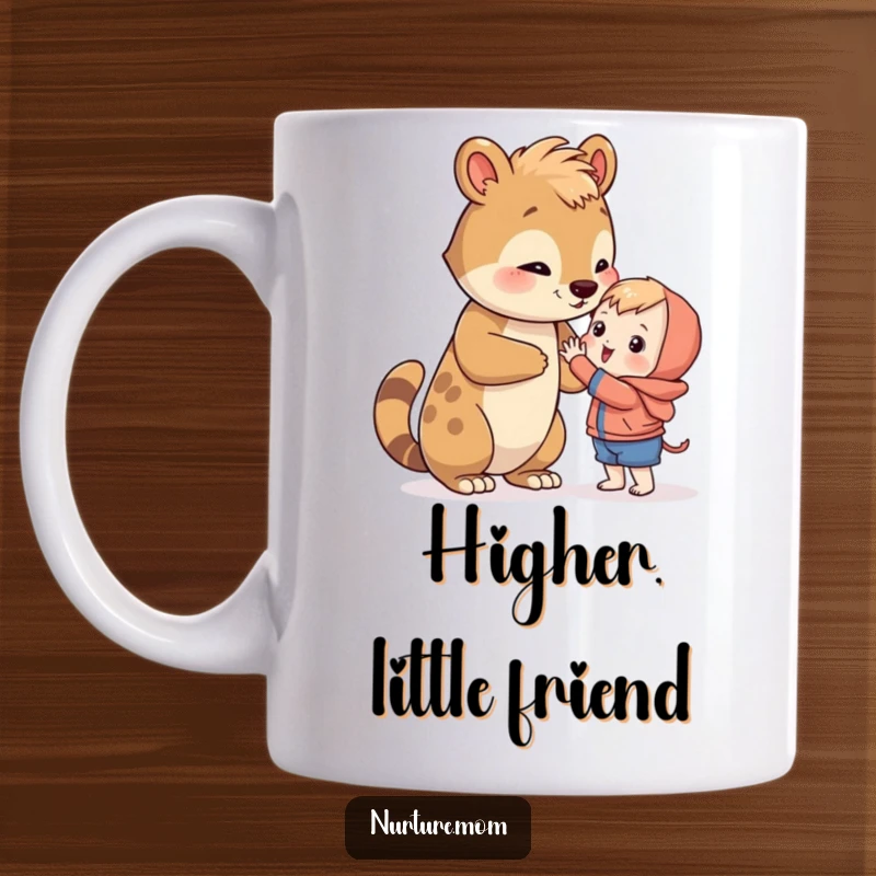 Funny animal patiently teaching a small creature to reach for something, symbolizing guidance and humor on a mug.