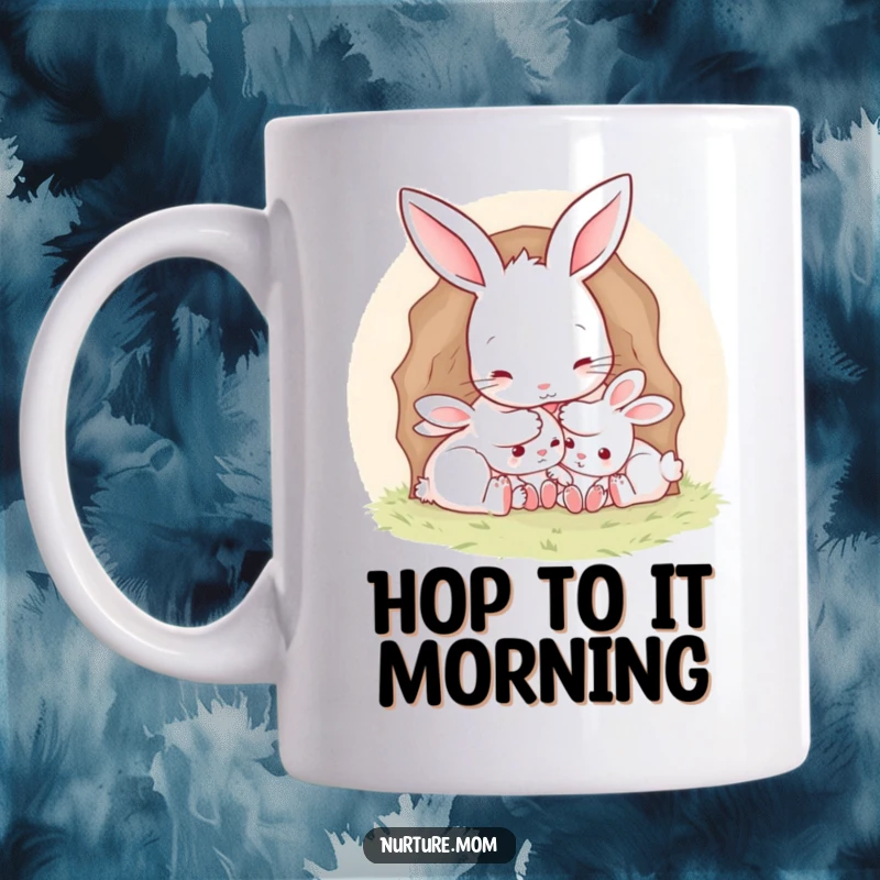 Funny Mother Rabbit Mug: Adorable mother rabbit tucking her babies into a burrow, highlighting cozy parenting humor.