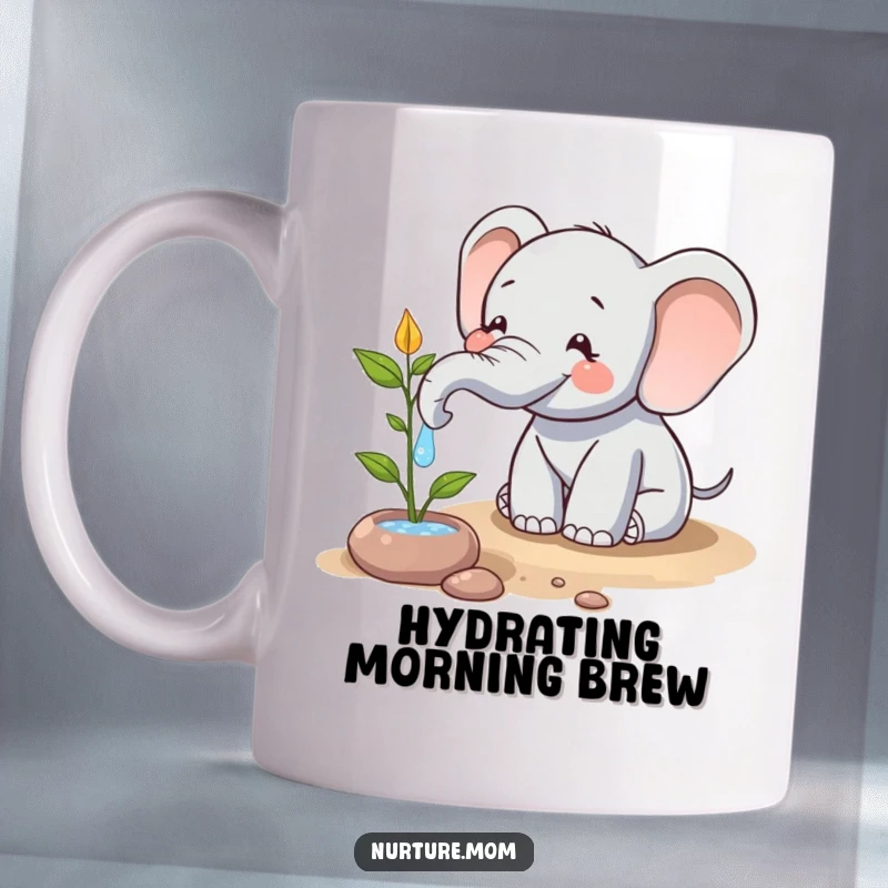 Funny mug with a happy elephant character using its trunk to water a small plant, symbolizing eco-care with a humorous touch.