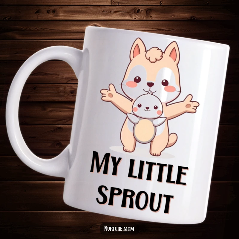 Funny animal shielding a small creature with outstretched arms, radiating protection and humor on a mug.