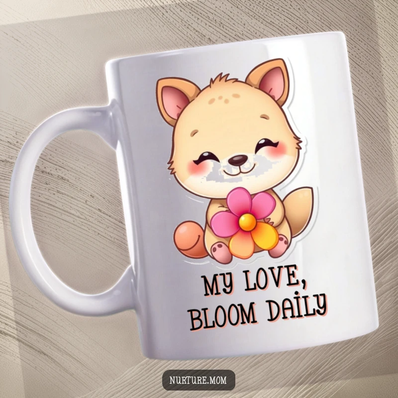 Funny animal mug with a loving gaze, offering a bright, colorful flower, representing affection and a humorous, heartwarming gesture.