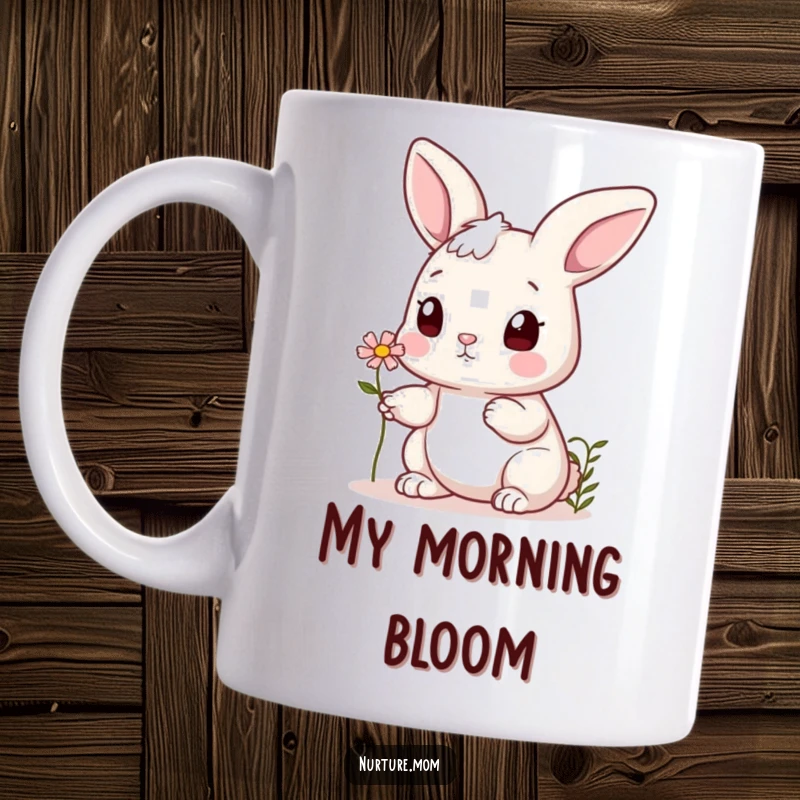 Funny bunny mug showing a cute rabbit offering a tiny flower to a friend, symbolizing sweet friendship and gentle affection.