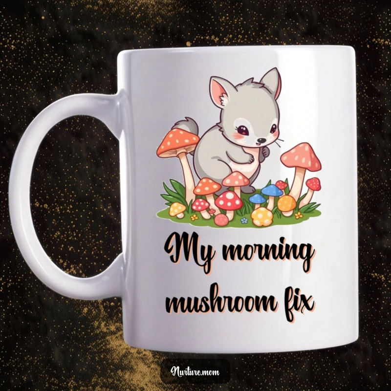 Funny mug showing a small animal in a playful crouch tending to a patch of vibrant mushrooms, symbolizing fun.