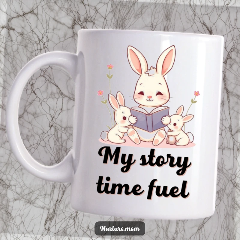 Funny kawaii mama bunny reading a storybook to her adorable kits mug, showcasing gentle motherhood and whimsical charm, a perfect gift.