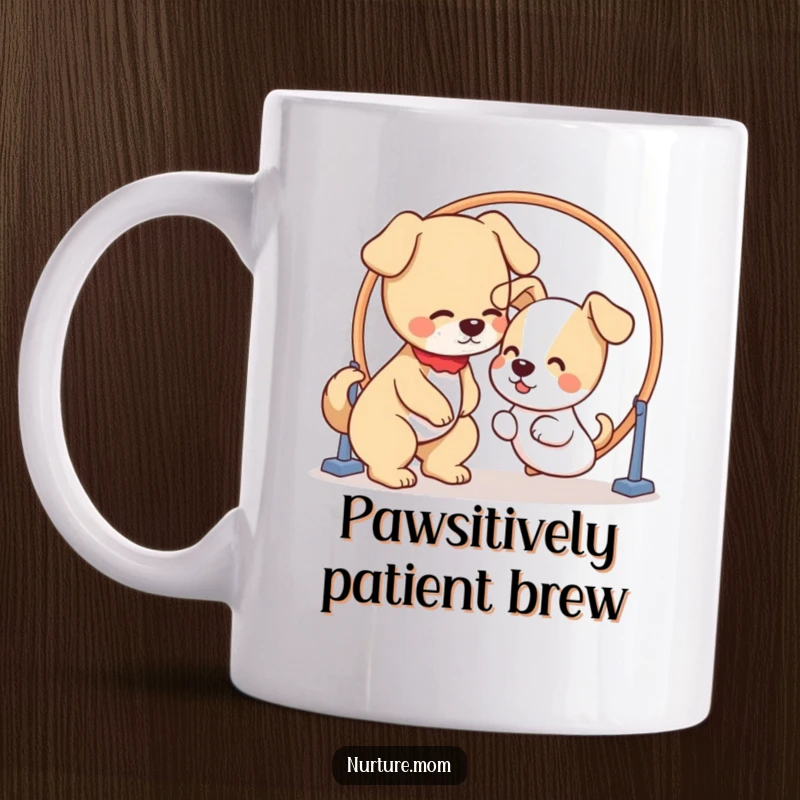 Funny kawaii dog mom patiently guiding a puppy through a hoop, depicted on a mug, celebrating pet ownership.