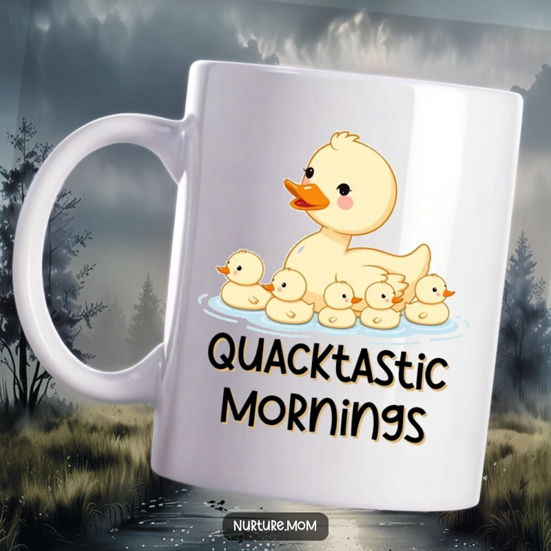 Funny kawaii mama duck leading her line of ducklings in water, depicted on a mug.