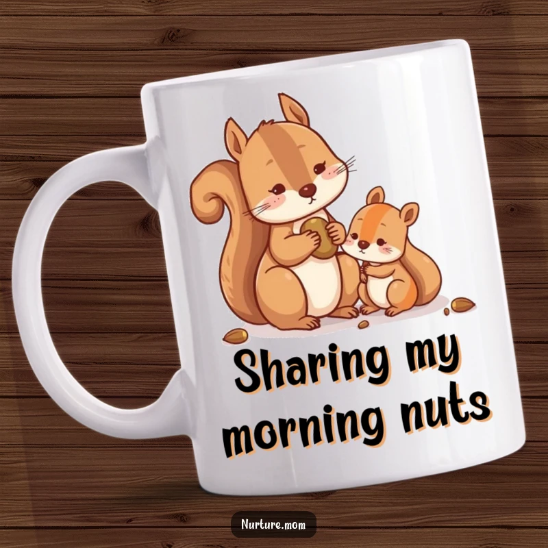 Funny Squirrel Mug showing contentment as it shares nuts with a smaller squirrel, symbolizing generosity and humor.
