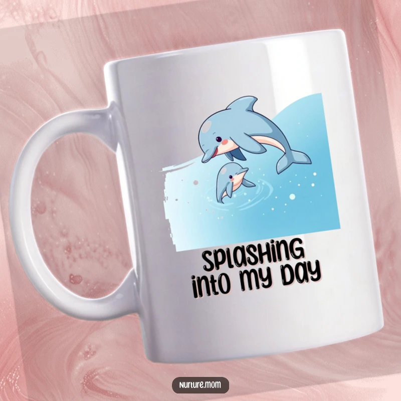 Funny mug depicting a playful dolphin mom guiding her calf through sparkling blue water, capturing a moment of aquatic love and guidance.