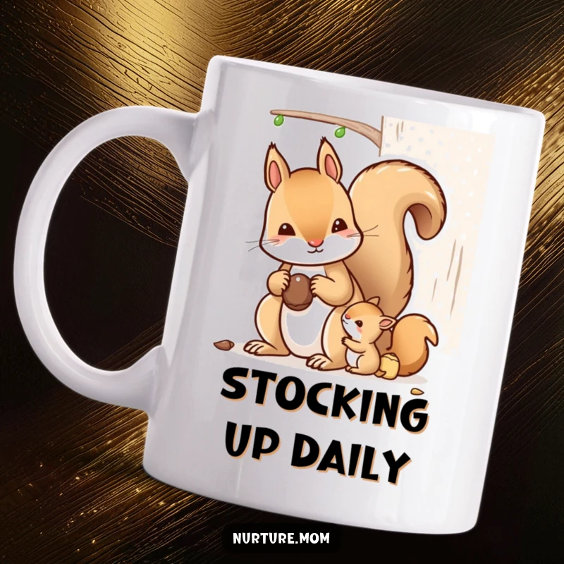 Funny kawaii mother squirrel teaching her baby squirrels how to store nuts on a charming mug.