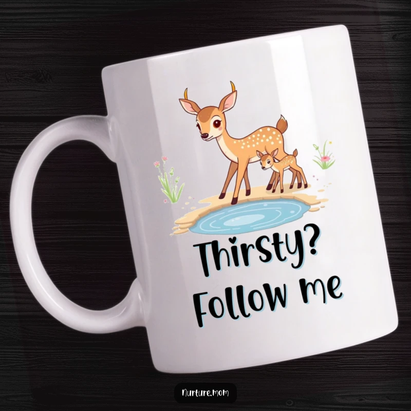 Funny kawaii mother deer leading her fawn to water, showcasing their sweet bond on a delightful mug.
