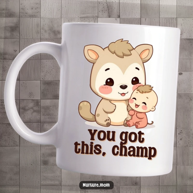 Funny, gentle animal giving a warm, encouraging look to a small child on a mug.