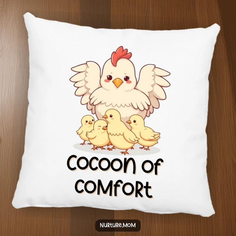 Funny Protective Hen Pillow: Soft cushion featuring a hen shielding her chicks, perfect for cozy farmhouse decor.