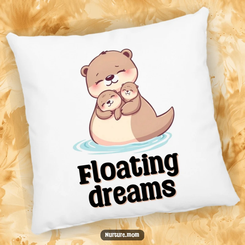 Funny otter mom pillow featuring a lovable otter mother and baby floating together, radiating warmth.
